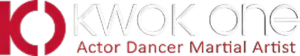 Red and white logo reads "KWOK ONE" with a stylized "O" and subtitle "Actor Dancer Martial Artist" in red. Modern and professional design.