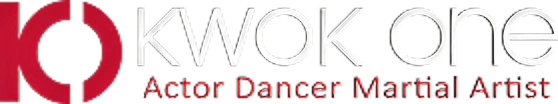 Red and white logo reads "KWOK ONE" with a stylized "O" and subtitle "Actor Dancer Martial Artist" in red. Modern and professional design.