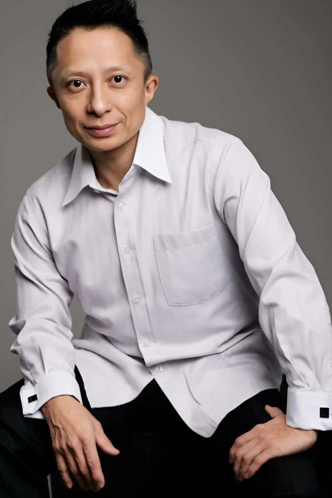 Professional portrait of Kwok One in a white suit against a grey background – corporate headshot with confident expression and formal attire.
